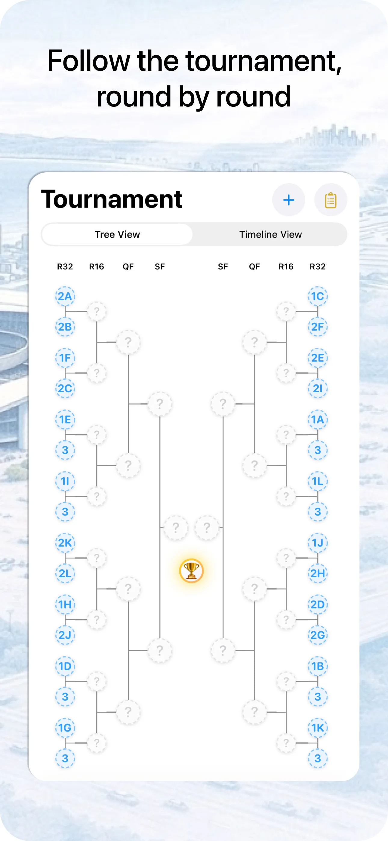 Tournament tree view showing a 32-team bracket from R32 through to the final