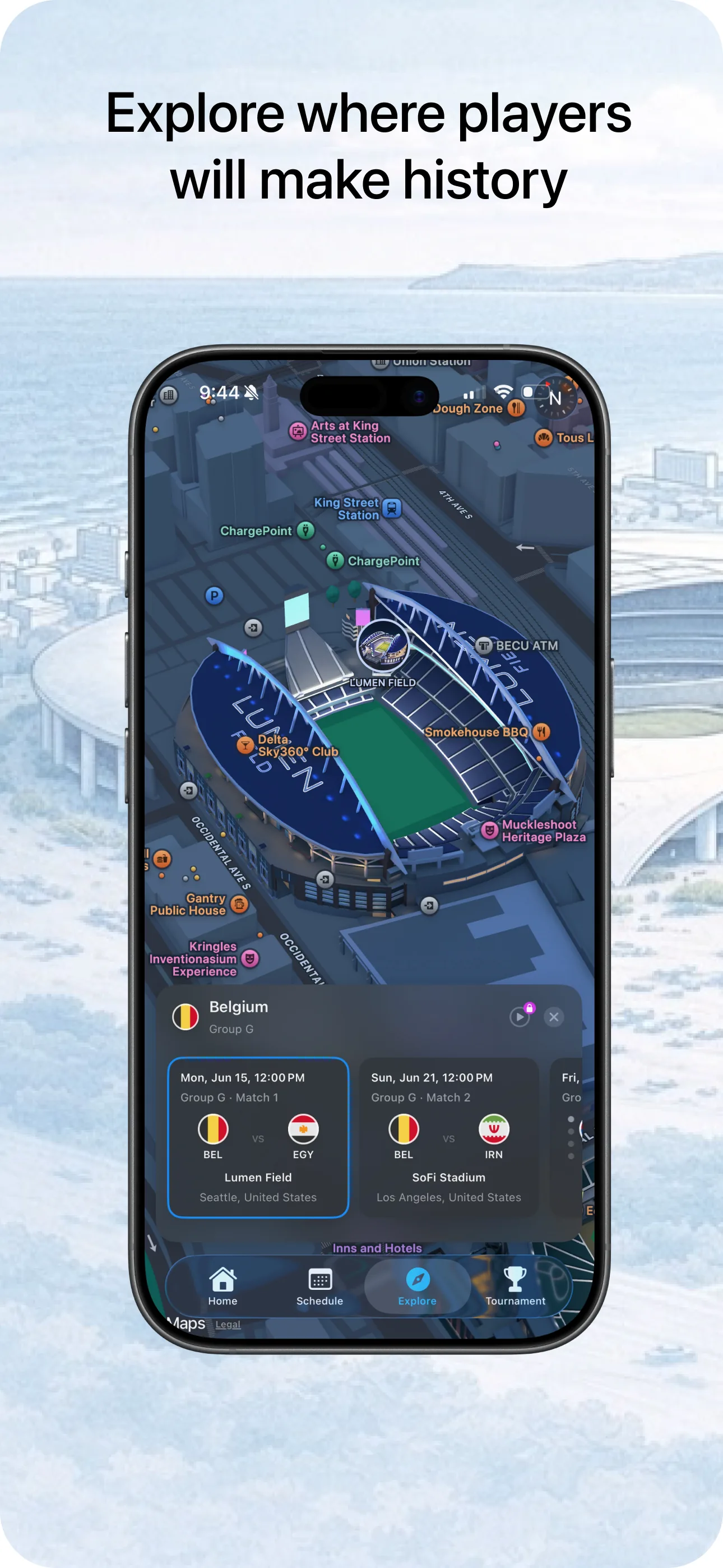 World Football iOS app showing a 3D stadium venue map with upcoming matches