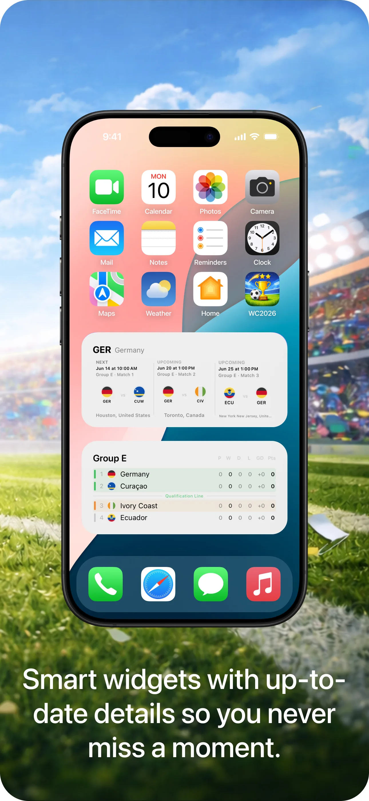 Home Screen widgets showing upcoming match details and group standings