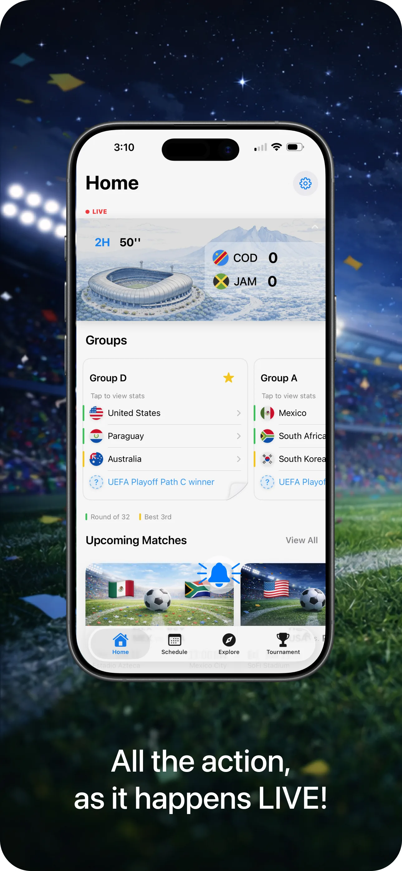 World Football iOS app home screen showing a live match, group standings, and upcoming fixtures against a night stadium backdrop