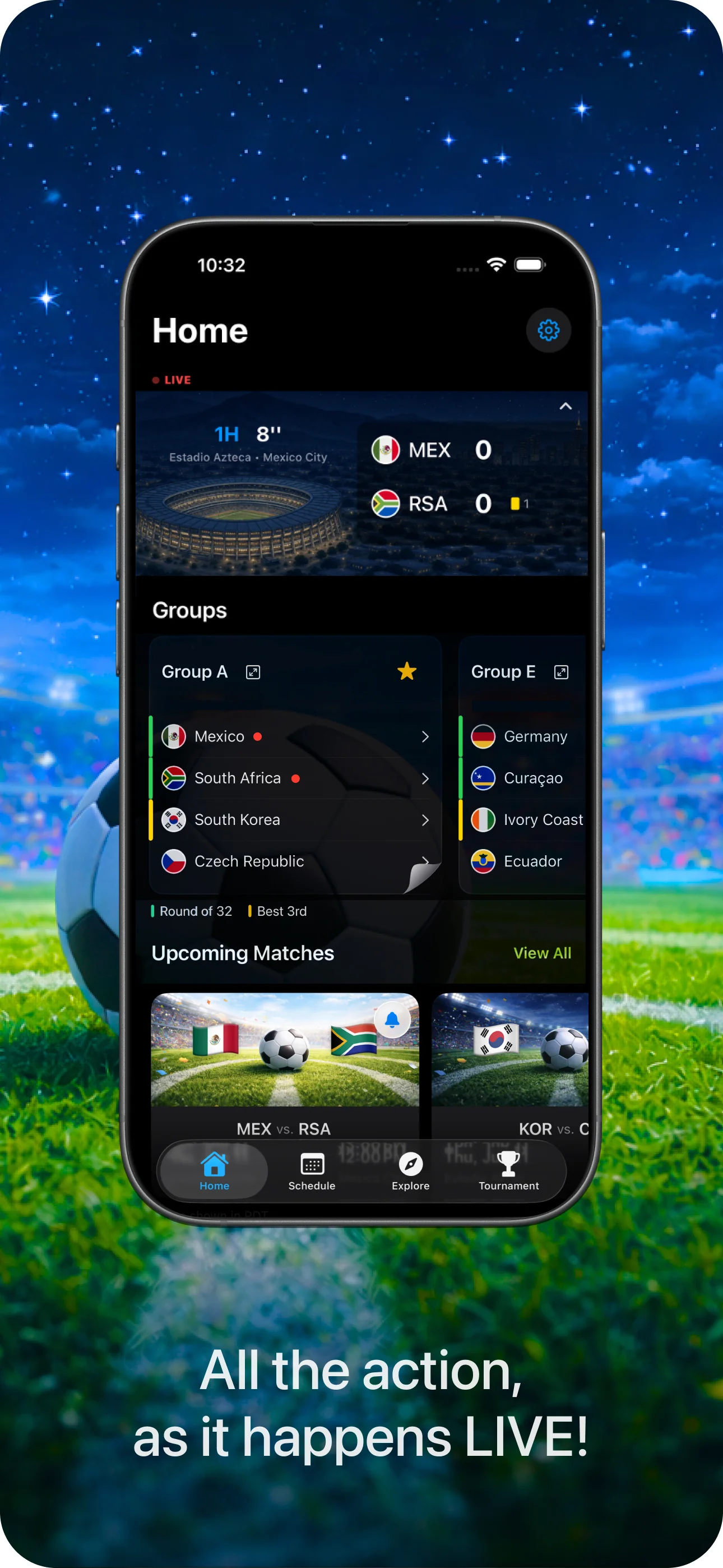 Football Cup 26 home screen with a live match score, two group cards (A and E), and upcoming match previews against a night-stadium backdrop