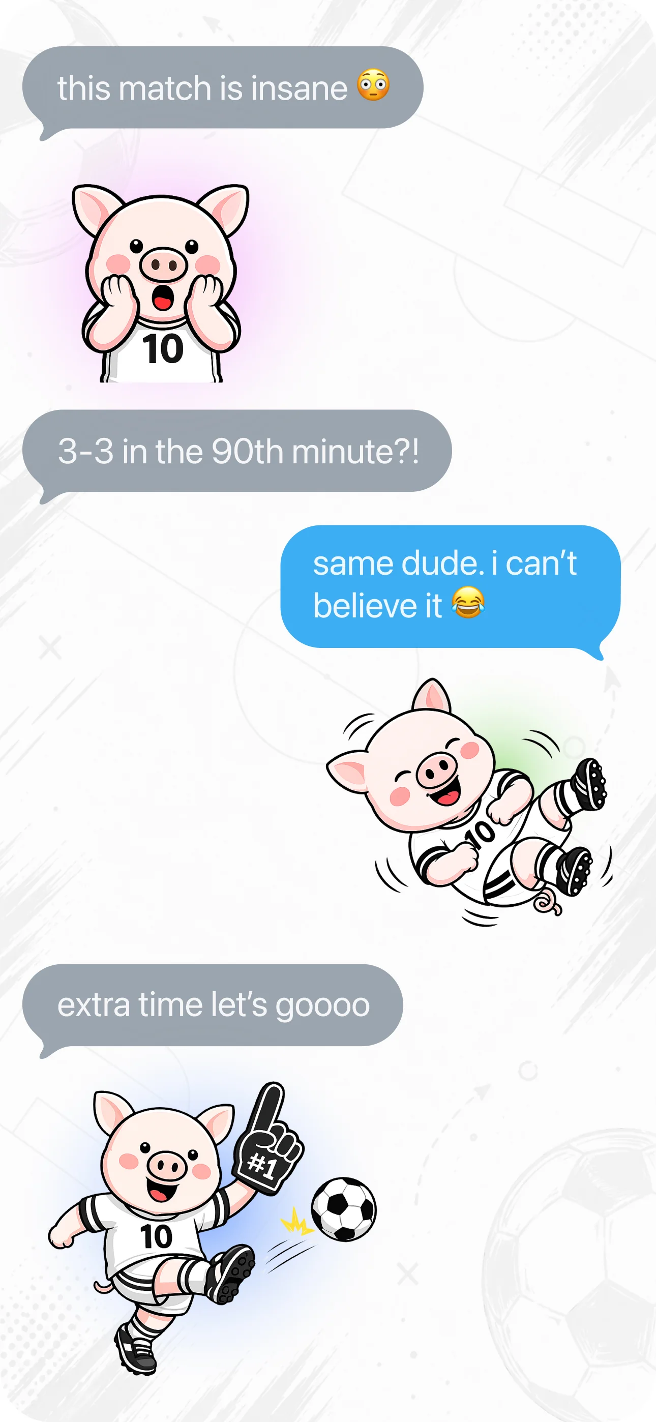 An iMessage chat using Squiggles stickers between the messages 'this match is insane', '3-3 in the 90th minute?!', 'same dude. i can't believe it', and 'extra time let's goooo'