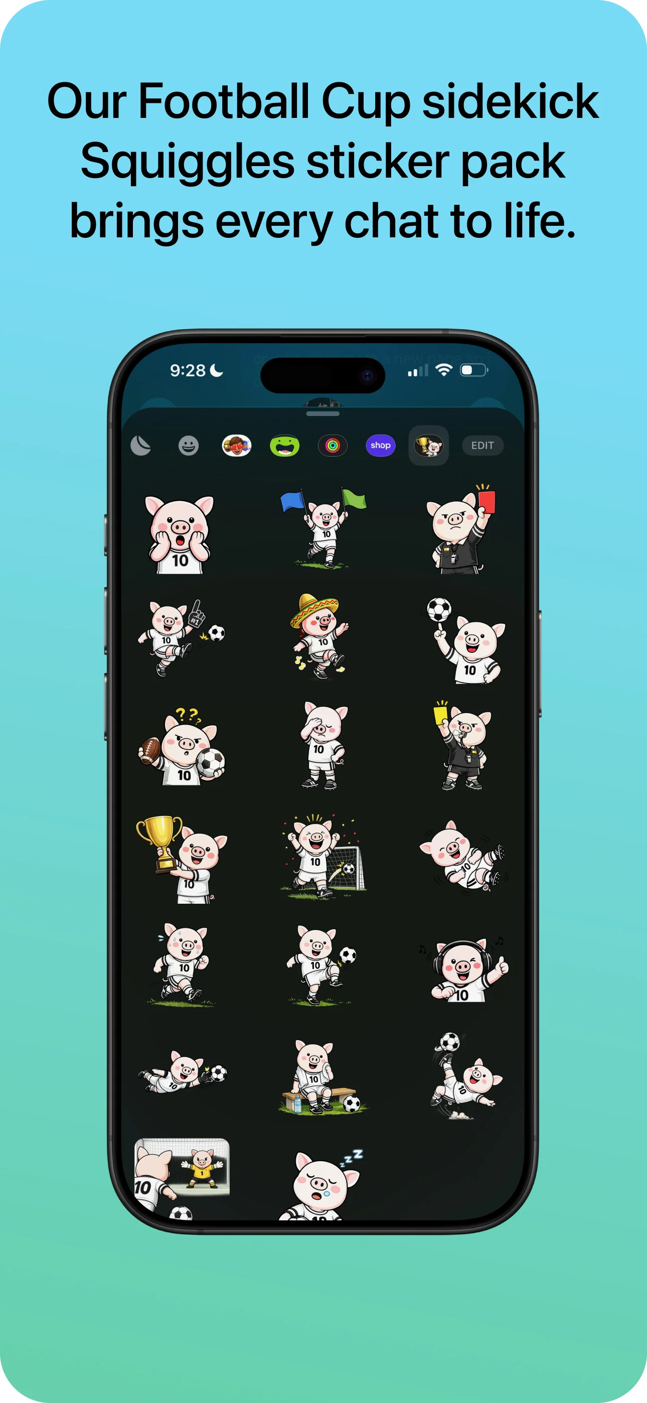 iMessage stickers tray open to the Squiggles pack with twenty pig-mascot stickers in football poses — celebrating, holding the trophy, brandishing a red card, holding the referee's yellow