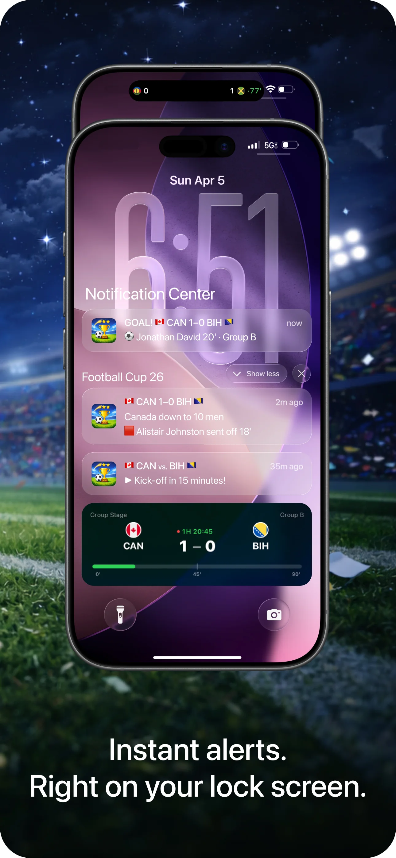 Lock Screen with a Football Cup 26 Live Activity (CAN 1-0 BIH, 1H 20:45) and three goal/kickoff notifications stacked underneath