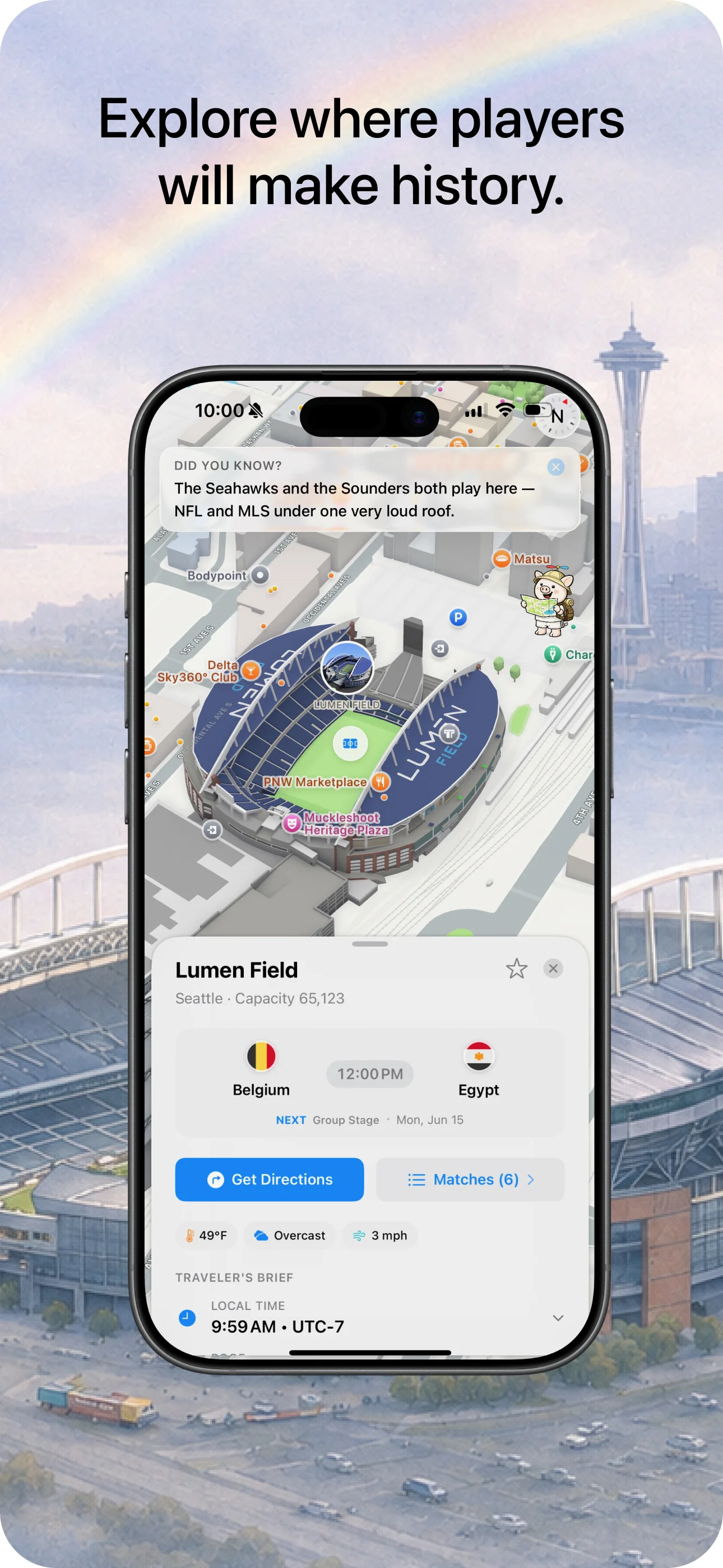 Football Cup 26 iOS app showing a venue map with the next fixture and local weather