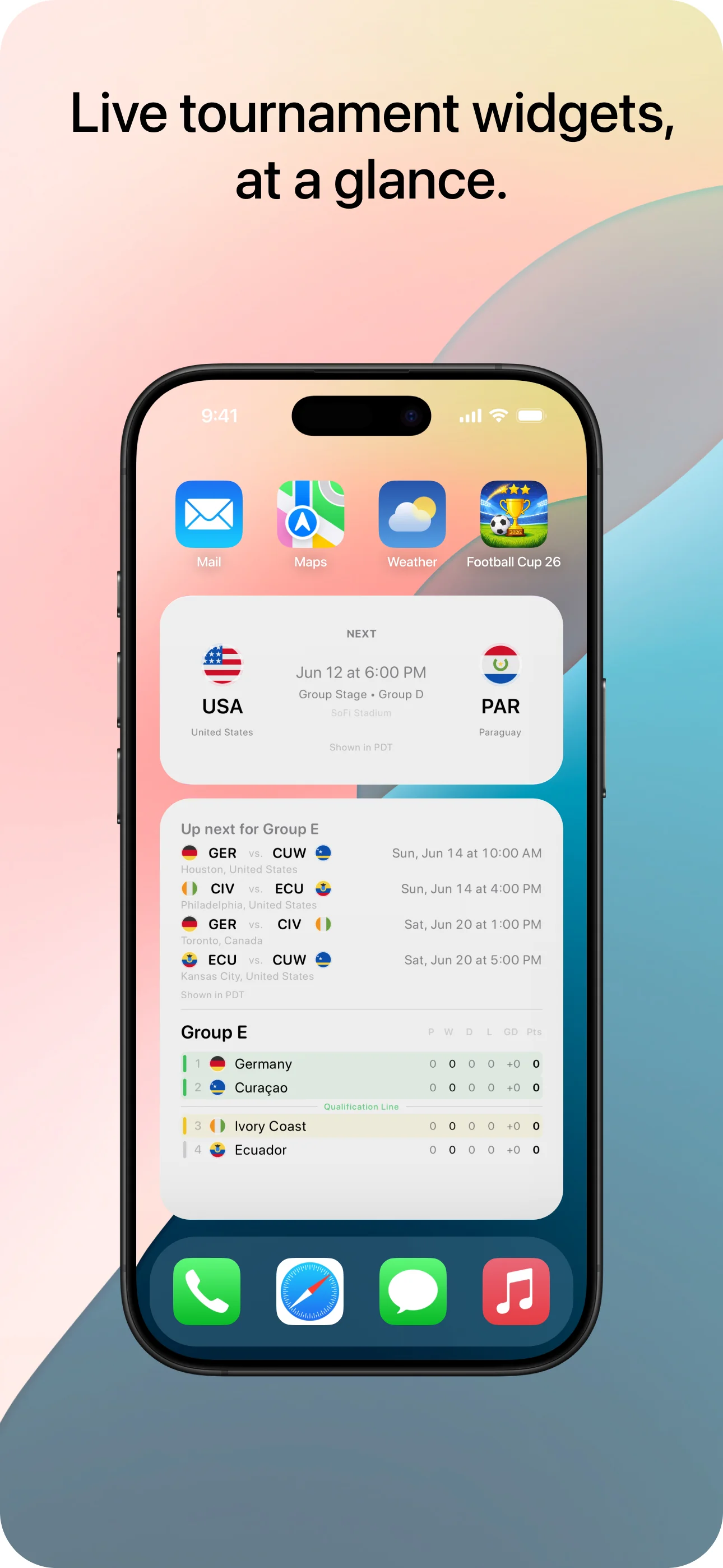 Home Screen with a Football Cup 26 medium widget showing the next match (USA vs Paraguay) and a large widget showing Group E standings and upcoming fixtures